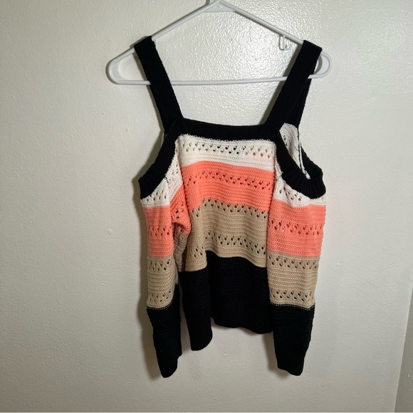 Striped Cold Shoulder Sweater Loose Knit Beige Black Peach S - Picture 7 of 10